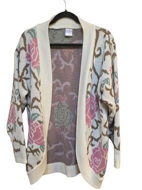 Vintage 80s Floral Knit Cardigan Made in England Cabbage Rose Cottagecore